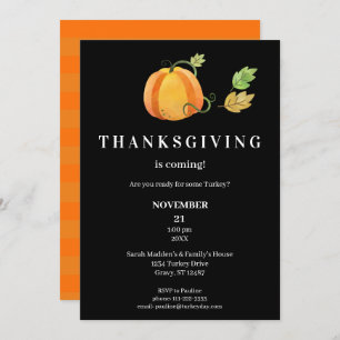 Thanksgiving Dinner Watercolor Pumpkin- Black2 Invitation