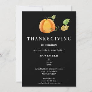 Thanksgiving Dinner Watercolor Pumpkin- Black Invitation