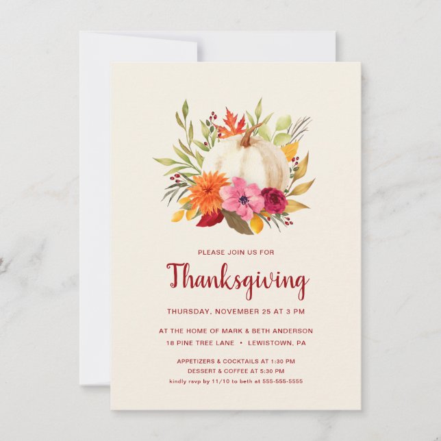 THANKSGIVING DINNER | WATERCOLOR PUMPKIN FLORAL INVITATION (Front)