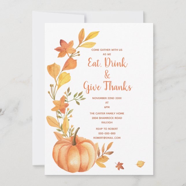 Thanksgiving Dinner Watercolor Pumpkin Invitation (Front)