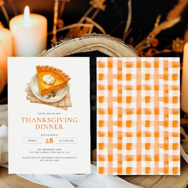 Thanksgiving Dinner Watercolor Pumpkin Pie & Plaid Invitation (Creator Uploaded)