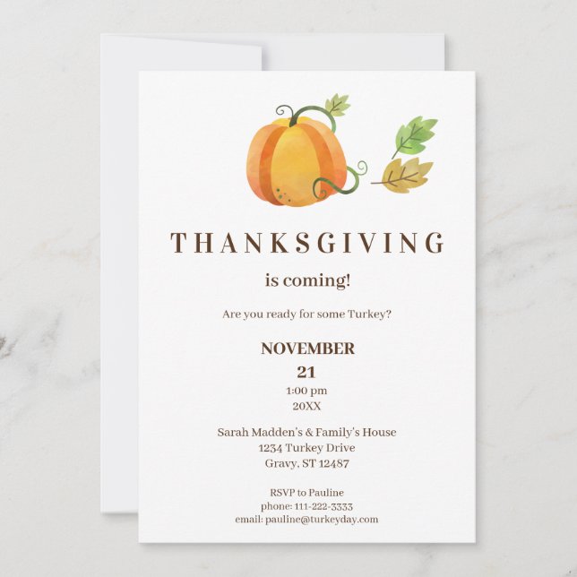 Thanksgiving Dinner Watercolor Pumpkin- White-Br3 Invitation (Front)
