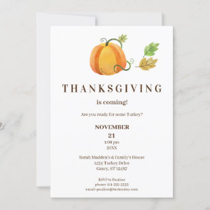 Thanksgiving Dinner Watercolor Pumpkin- White-Br3 Invitation