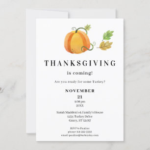 Thanksgiving Dinner Watercolor Pumpkin- White Invitation