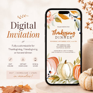 Thanksgiving Dinner Watercolor Pumpkins Download Invitation