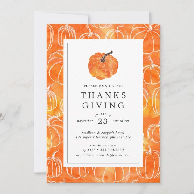 Thanksgiving Dinner | Watercolor Pumpkins Invitation (Front)