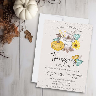 Thanksgiving Dinner White Glitter Pumpkin Invitation