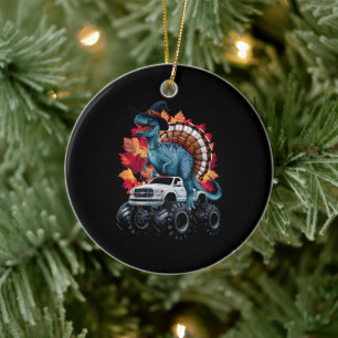 Thanksgiving Dinosaur T-Rex Monster Truck Ceramic Ornament