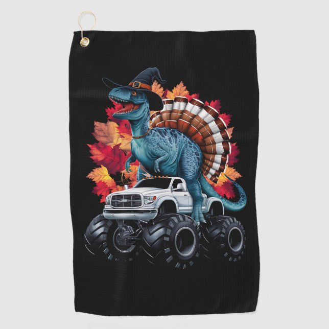 Thanksgiving Dinosaur T-Rex Monster Truck Golf Towel (Front)