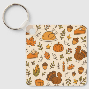 Thanksgiving Doodles Seamless Pattern Key Ring