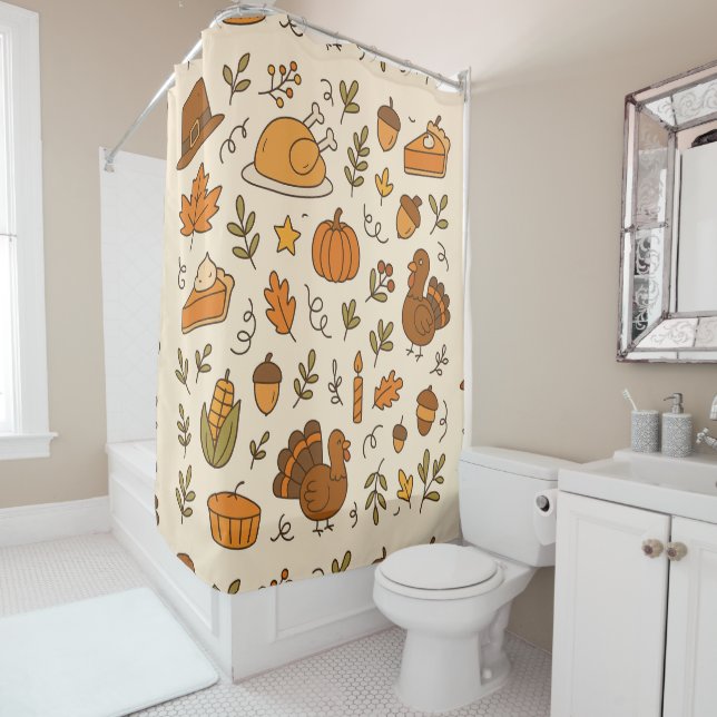 Thanksgiving Doodles Seamless Pattern Shower Curtain (In Situ)