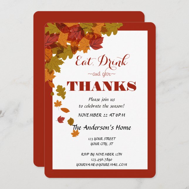 Thanksgiving Eat Drink & Give Thanks Fall Leaves Invitation (Front/Back)