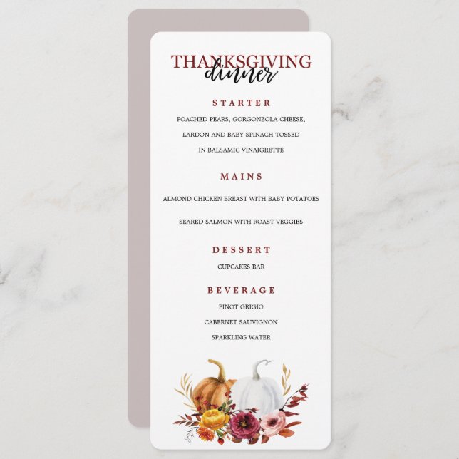 Thanksgiving Elegant Dinner Party menu (Front/Back)