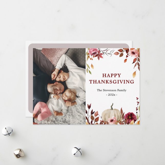 Thanksgiving elegant floral pumpkins photo card (Front/Back In Situ)