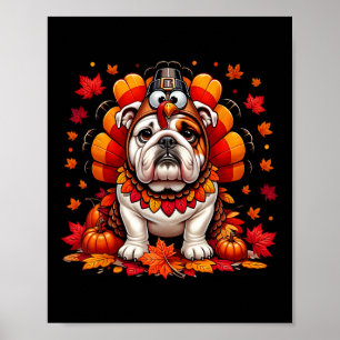 Thanksgiving English Bulldog Fall Leaves Autumn Ma Poster