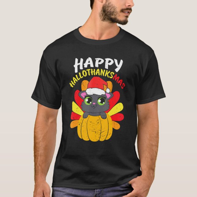 Thanksgiving Fake Cat Meow Turkey Hallothanksmas T-Shirt (Front)