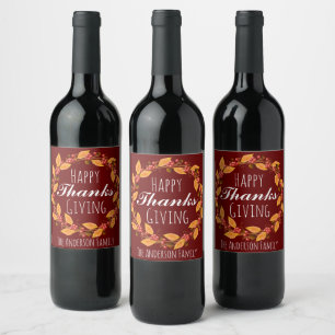 Thanksgiving Fall Autumn Wreath & Family Name Wine Label