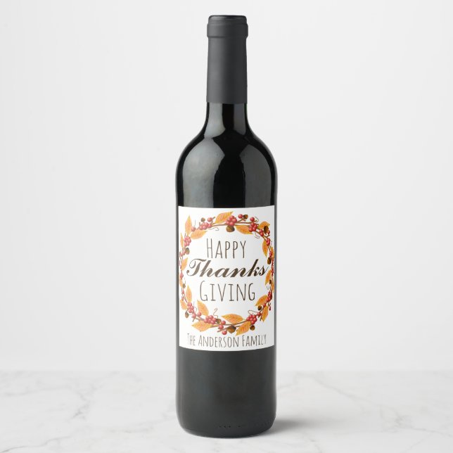 Thanksgiving Fall Autumn Wreath & Family Name Wine Label (Front)
