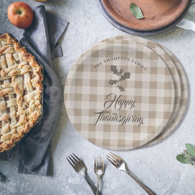 Thanksgiving Fall Foliage Leaves Brown Plaid Paper Plate (Thanksgiving Gratitude Family Name Taupe Plaid Paper Plates)