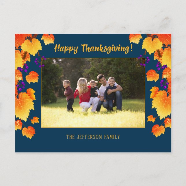 Thanksgiving Fall Grape Orange Gold Leaves Photo Holiday Postcard (Front)