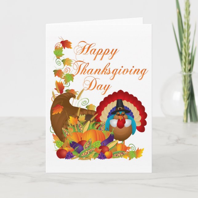 Thanksgiving Fall Harvest Cornucopia and Turkey Holiday Card (Front)