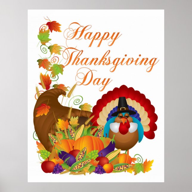 Thanksgiving Fall Harvest Cornucopia and Turkey Poster (Front)