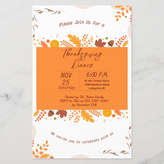 Thanksgiving Fall Leaves Dinner Invitation Flyer (Front)
