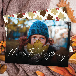 Thanksgiving Fall Leaves Handwriting Script Photo Holiday Card