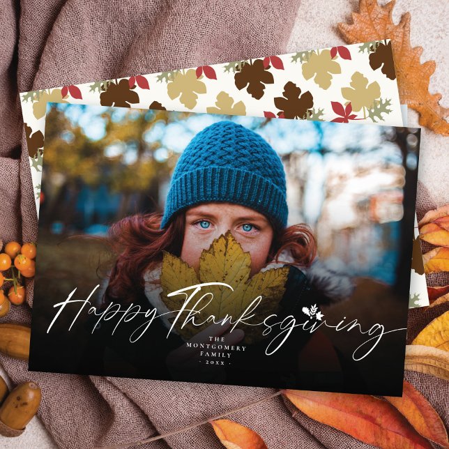 Thanksgiving Fall Leaves Handwriting Script Photo Holiday Card (Creator Uploaded)