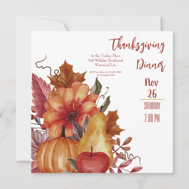 Thanksgiving Fall Leaves Pumpkin Dinner Invitation (Front)