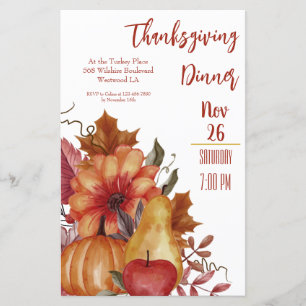 Thanksgiving Fall Leaves Pumpkin Dinner Invitation