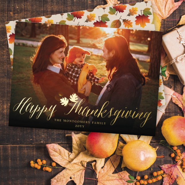 Thanksgiving Fall Leaves Simple Script Photo Foil Holiday Card (Creator Uploaded)
