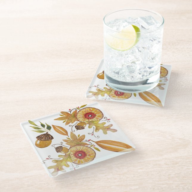 Thanksgiving Fall Mood Watercolor Glass Coaster (Angled)