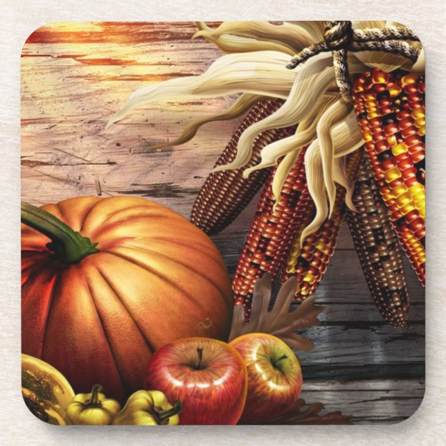 Thanksgiving Fall Pumpking Leaves Drink Coaster (Front)