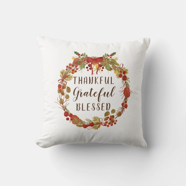Thanksgiving Fall Wreath Thankful Grateful Blessed Cushion (Front)