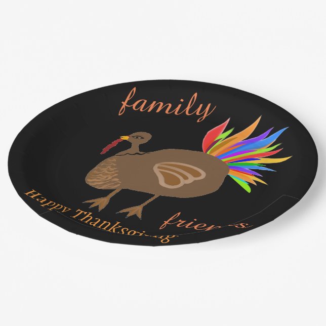 Thanksgiving Family Friends Turkey Feathers Paper Plate (Angled)