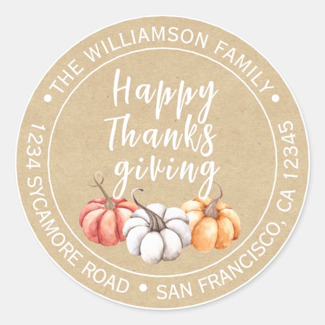 Thanksgiving Family Name Return Address Kraft Classic Round Sticker (Front)