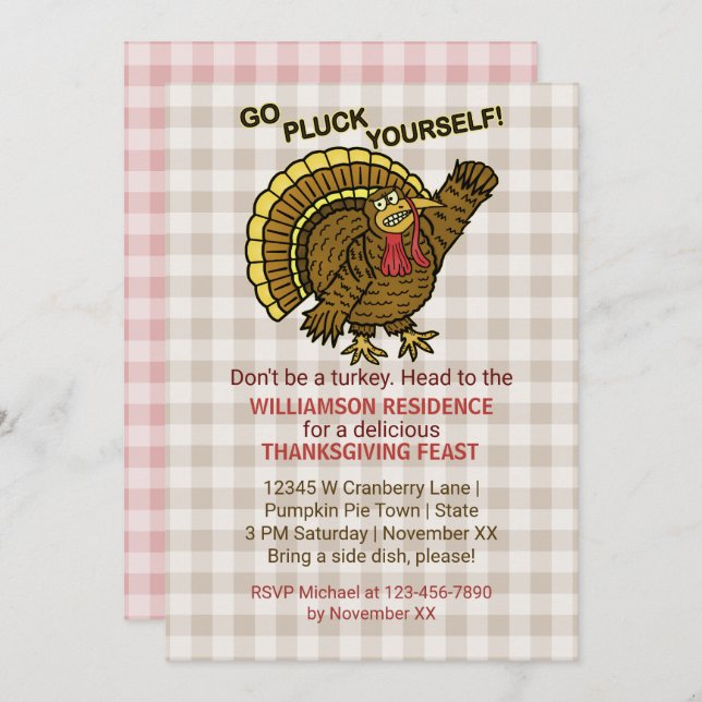 Thanksgiving Feast Funny Turkey Fall Dinner Party Invitation (Front/Back)