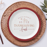 Thanksgiving Feast Paper Plate<br><div class="desc">Serve up Thanksgiving goodies on these festive paper plates in fall shades of garnet and pumpkin. Design features a dark red border with your names,  the year,  and "Thanksgiving feast" in trendy block and script typography with an acorn illustration.</div>