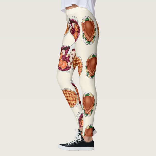 Thanksgiving Feast Pattern - Turkey, Pie, & Fruits Leggings (Left)