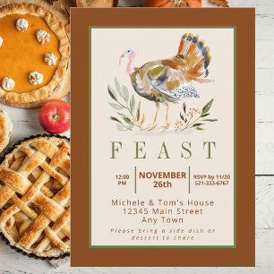 Thanksgiving Feast Watercolor Turkey Foliage Invitation