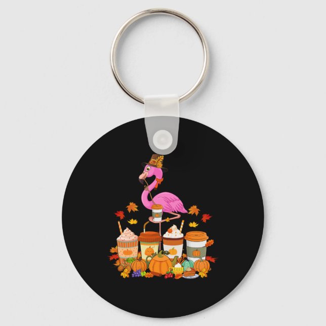 Thanksgiving Flamingo Wearing Hat Fall Coffee Cups Key Ring (Front)