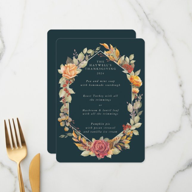 Thanksgiving Floral Frame Flat 3 Course Menu (Front/Back In Situ)