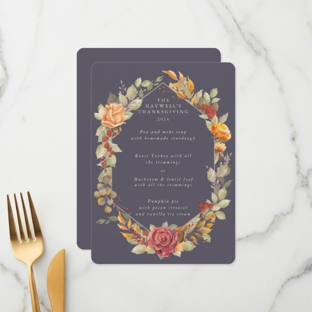 Thanksgiving Floral Frame Flat 3 Course Menu (Front/Back In Situ)
