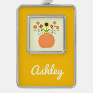 Thanksgiving Flowers in Pumpkin Custom Name Silver Plated Framed Ornament