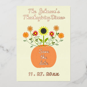 Thanksgiving Flowers in Pumpkin Save the Date Foil Holiday Card