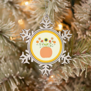 Thanksgiving Flowers in Pumpkin Snowflake Pewter Christmas Ornament