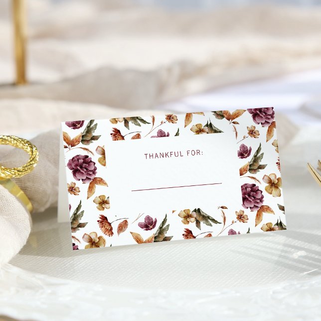 Thanksgiving Folded Place Card (Rustic Autumn Leaves Thankful For Folded Place Card by Painted Paperie)