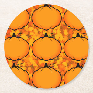 Thanksgiving Foliage Pumpkin Drawing Round Paper Coaster