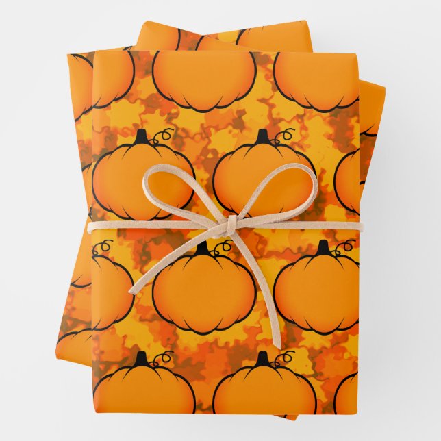 Thanksgiving Foliage Pumpkin Drawing Wrapping Paper Sheet (In situ)